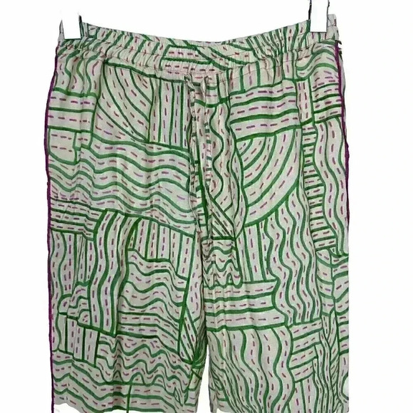 Zara Womens Pajama Pants Linen Blend Small S Ecru Pink Green Printed - Picture 2 of 7